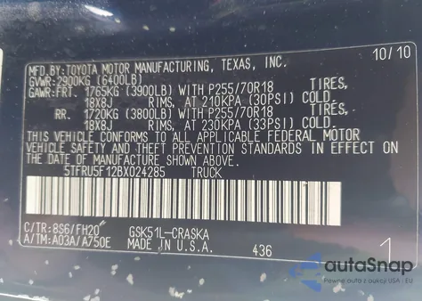 2011 Toyota Tundra Grade V6 z USA, uszkodzony, nr VIN 5TFRU5F12BX024285